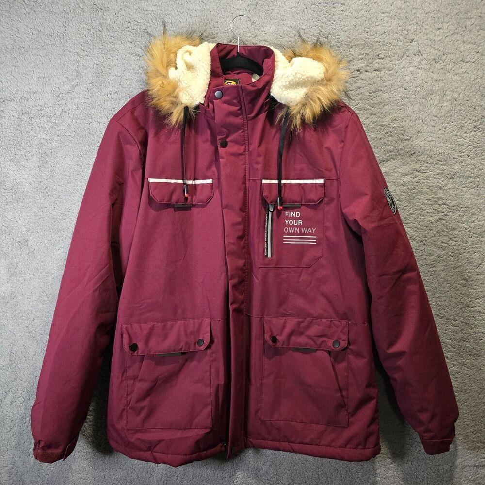 LEDUNTINO “Find Your Own Way” Red Faux Fur Hood Winter Coat Mens Sz XL Layering